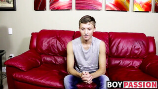 Twink pulls on his big thick dong right after the interview