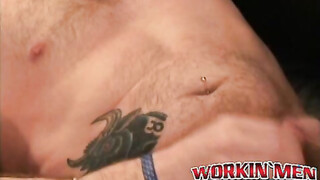 Tattooed bald guy shows off dick stroking skills & cumshot