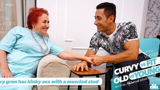 Buxxom old woman having kinky sex with a muscled stud