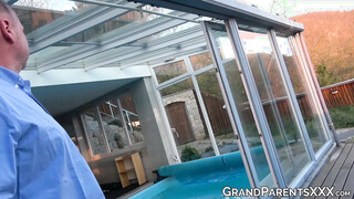 Horny grandpa has his big thick prick sucked by two hot babes