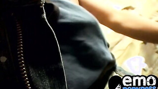 Adorable gay guy wanks behind bar until he cums in a glass